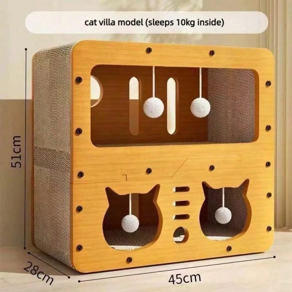 2 In 1 Cardboard Cat Condo With Scratching Walls And Hanging Balls Large Cat Villa