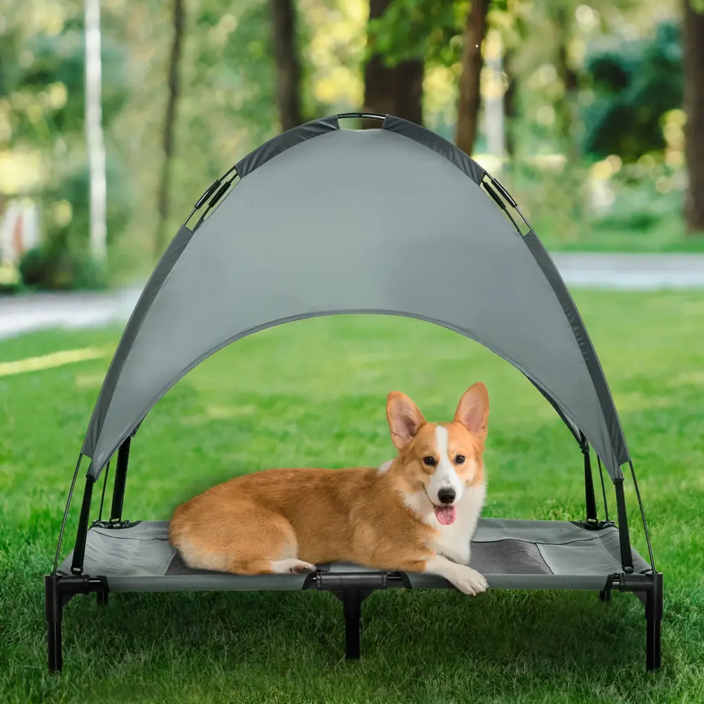 36 In Elevated Dog Bed With Removable Uv Canopy Outdoor Dog Cot For Camping Gray