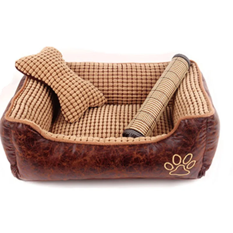 Bolster Dog Bed Set With Bone Pillow Blanket And Summer Mat Suede And Pp Cotton
