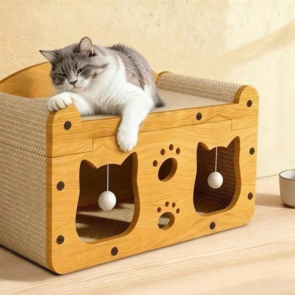 Double Layer Cardboard Cat House With Scratcher Top 2 Tier Cat Villa With Hanging Balls