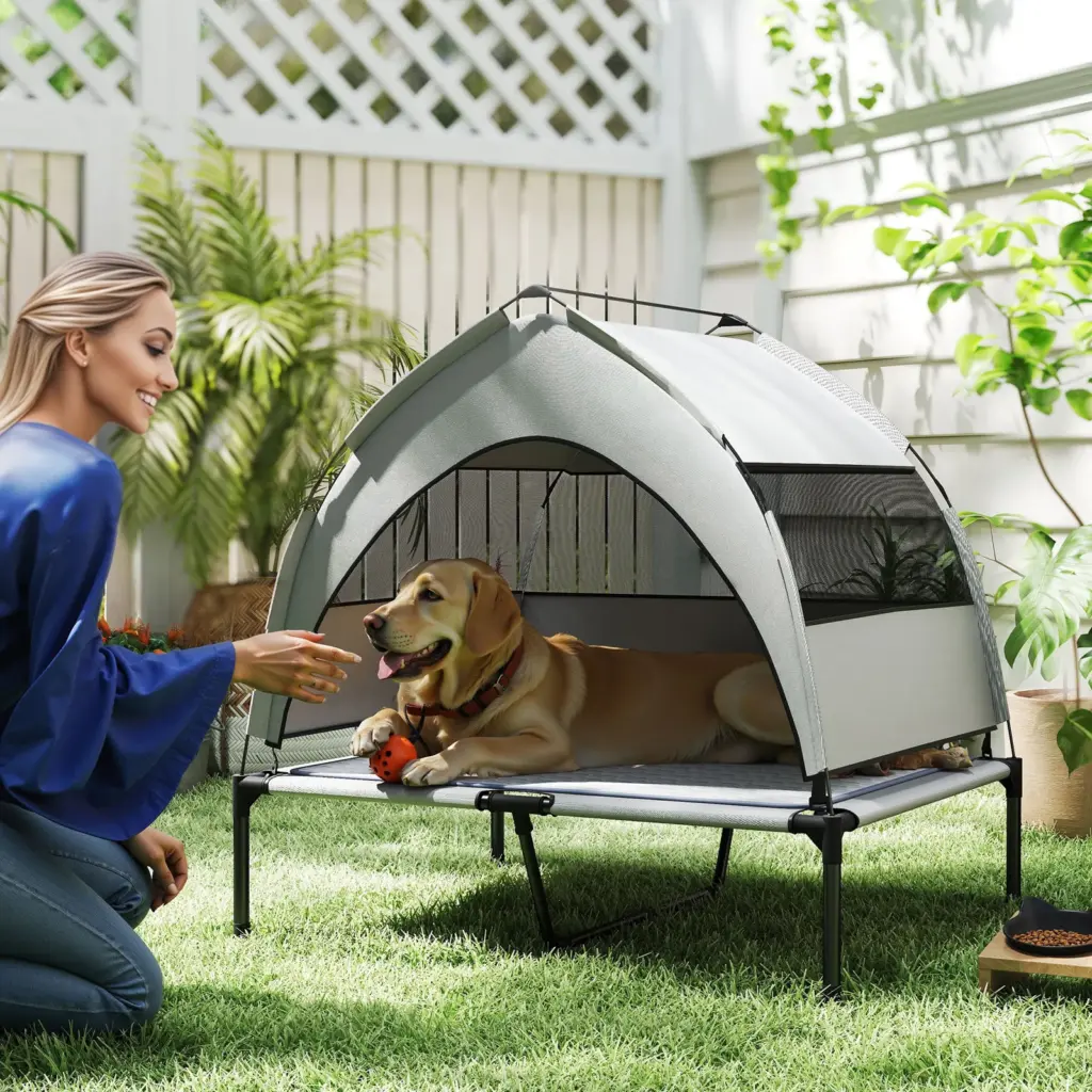 Elevated Dog Bed With Removable Canopy And Cooling Mesh Portable Pet Cot 36 X 29 5 X 35 In