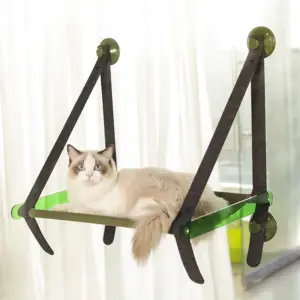 Foldable Window Cat Hammock With Solid Wood Frame And Suction Cups Felt Perch