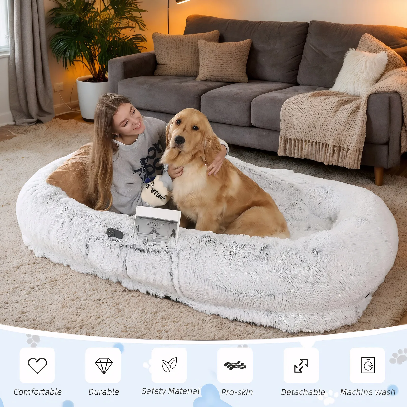 Human Size Faux Fur Dog Bed 71 X 45 X 14 In Washable Lounger For People And Pets