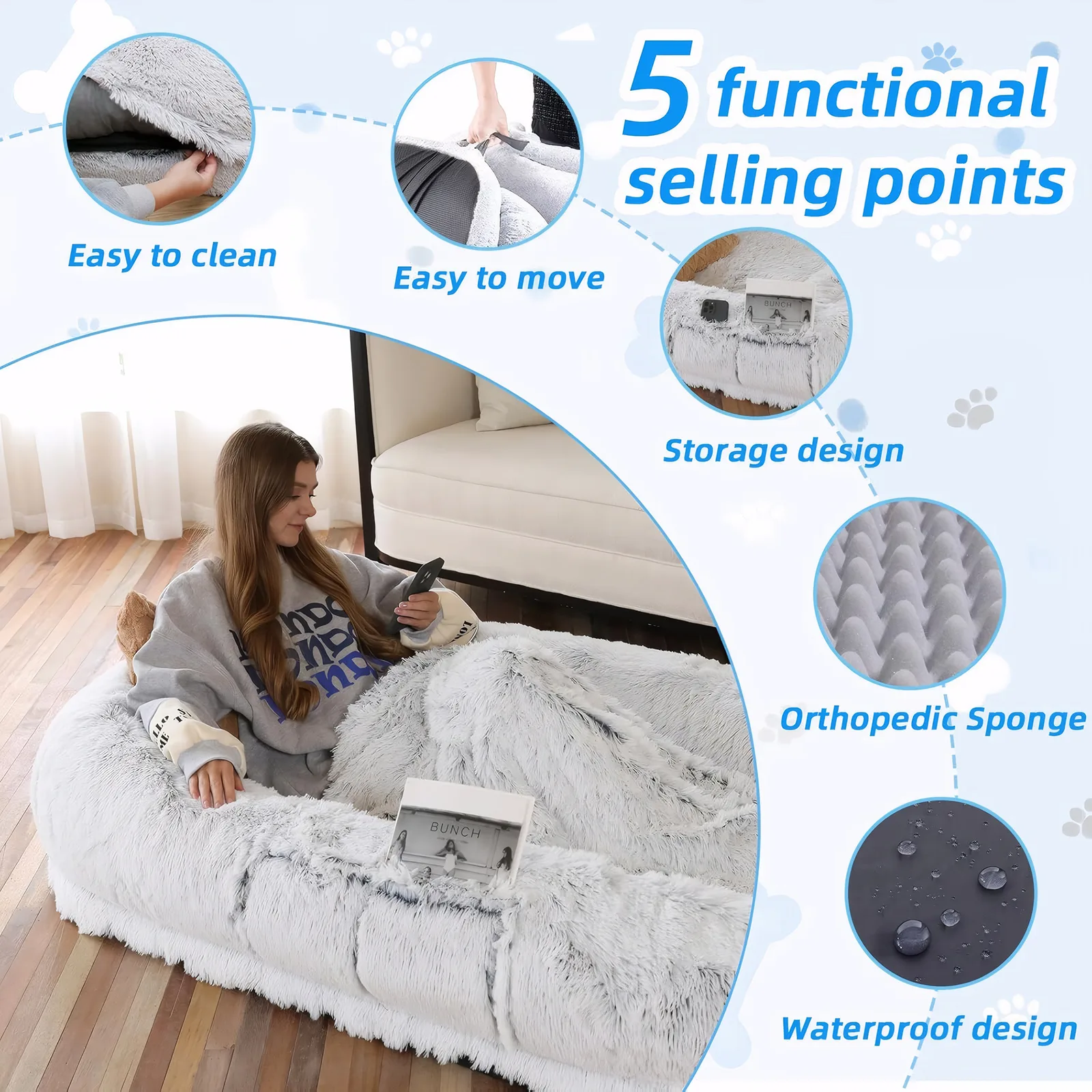 Human Size Faux Fur Dog Bed 71 X 45 X 14 In Washable Lounger For People And Pets