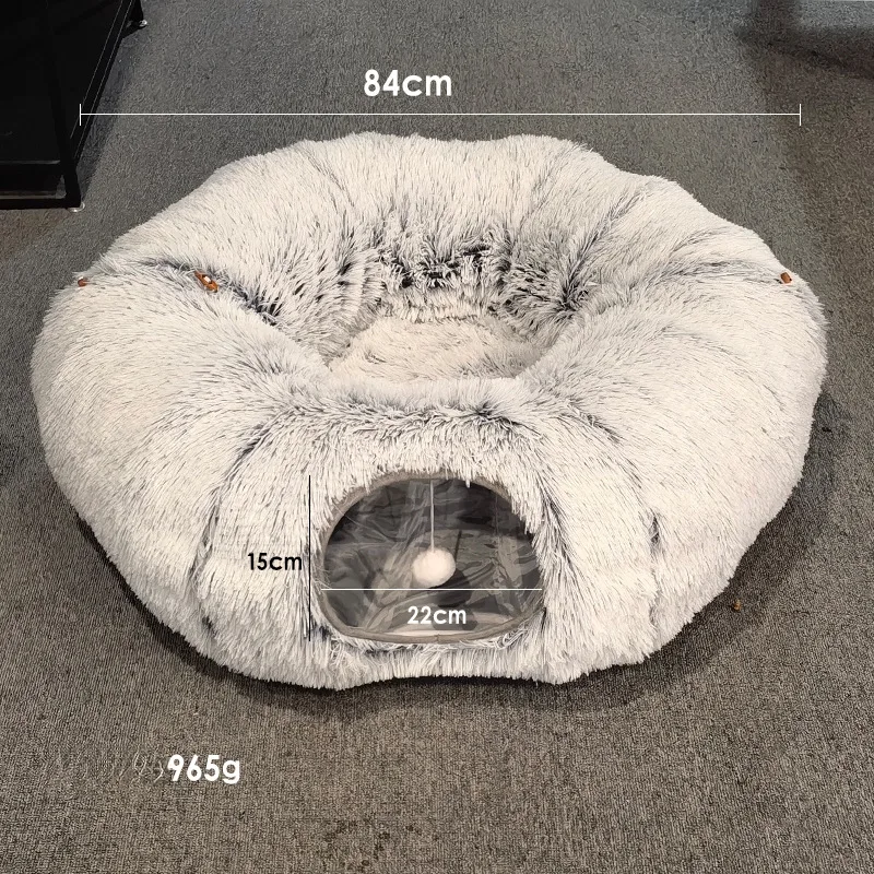 Plush Donut Cat Tunnel Bed With Center Mat Peekaboo Cat Cave For Pets Up To 22 Lb
