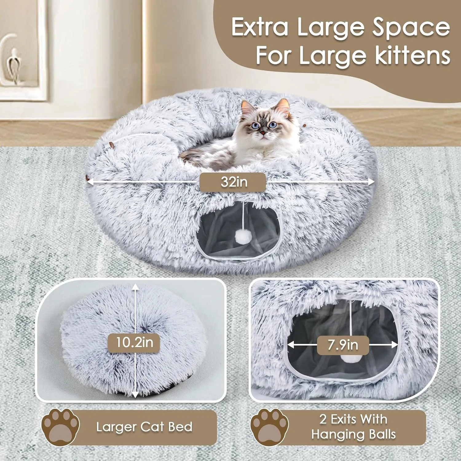Plush Donut Cat Tunnel Bed With Center Mat Peekaboo Cat Cave For Pets Up To 22 Lb