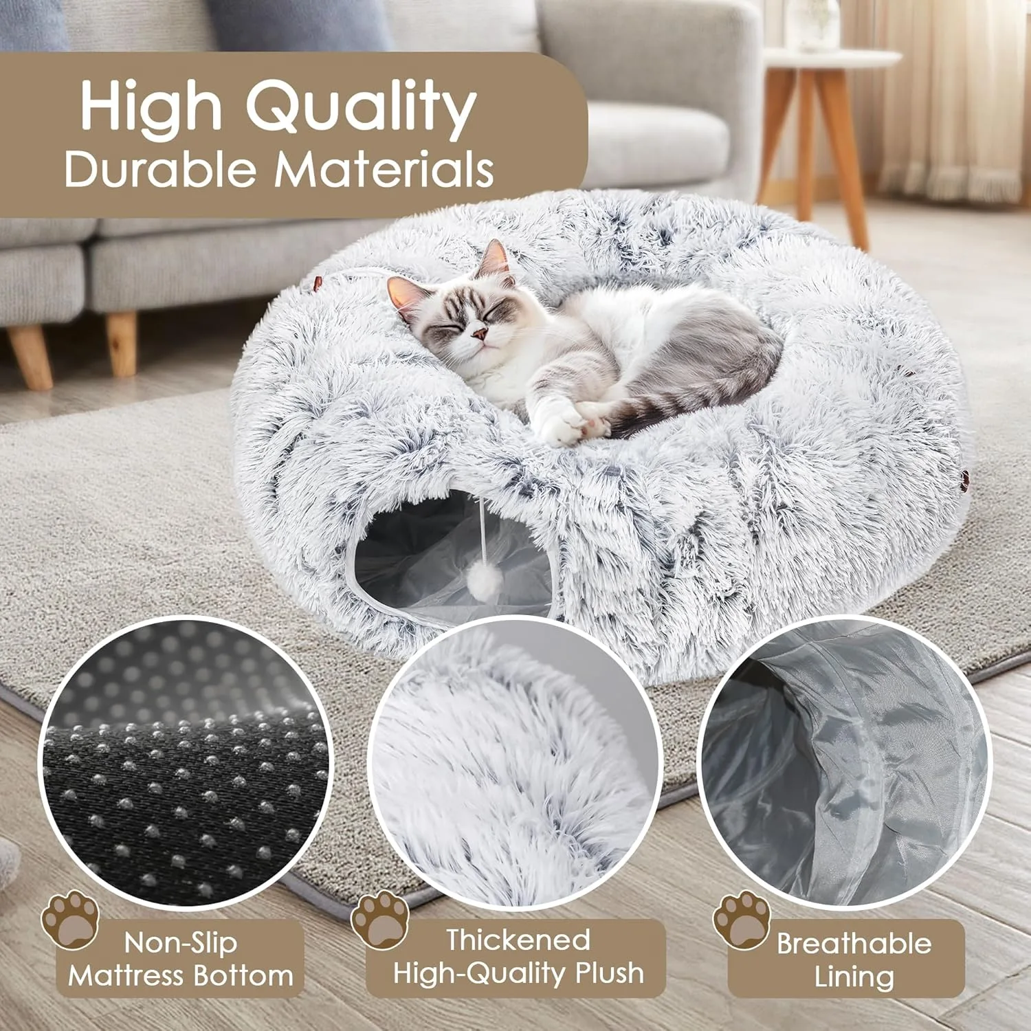 Plush Donut Cat Tunnel Bed With Center Mat Peekaboo Cat Cave For Pets Up To 22 Lb