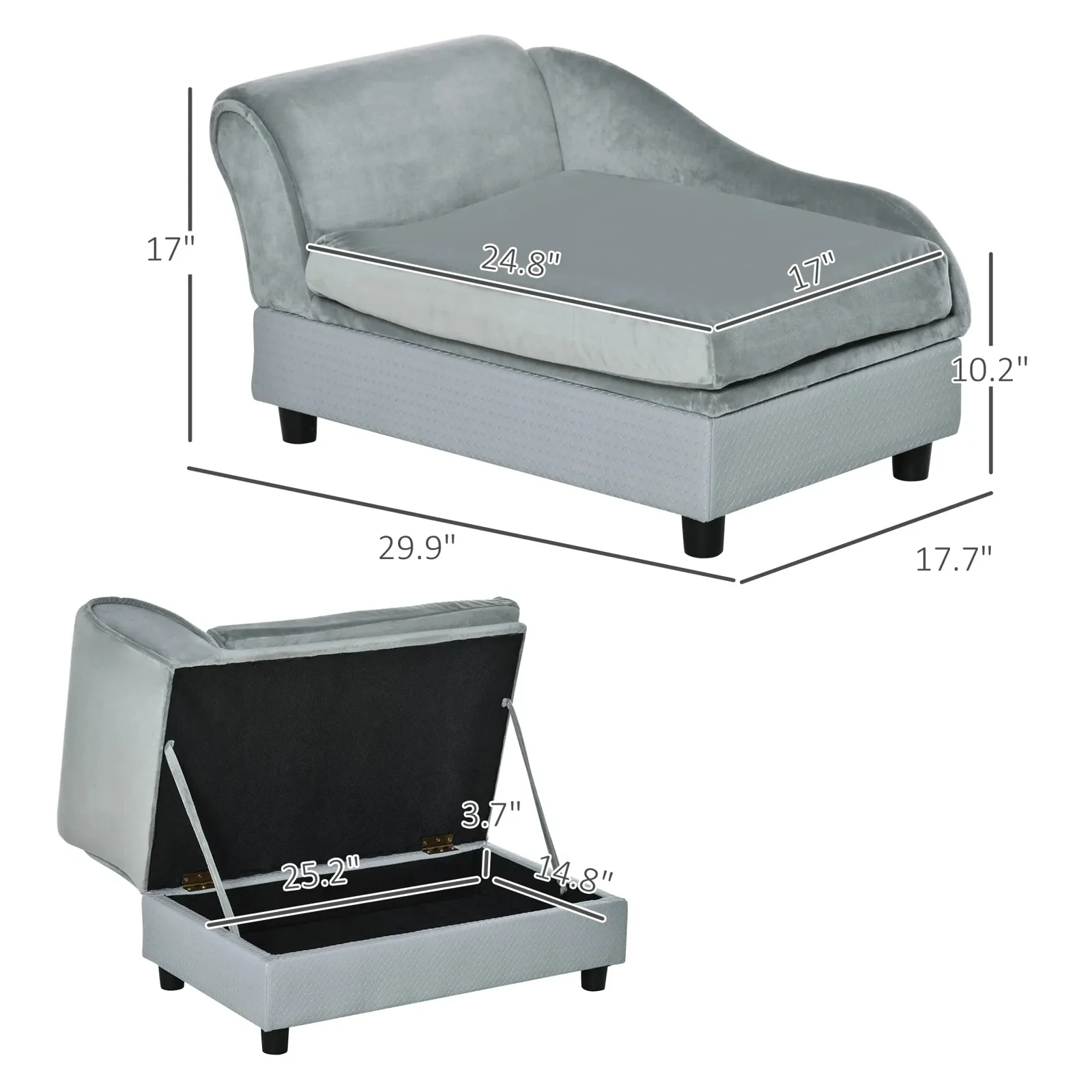 Velvet Dog Chaise Sofa With Hidden Storage 2 In Foam Couch Bed For Small Dogs Gray