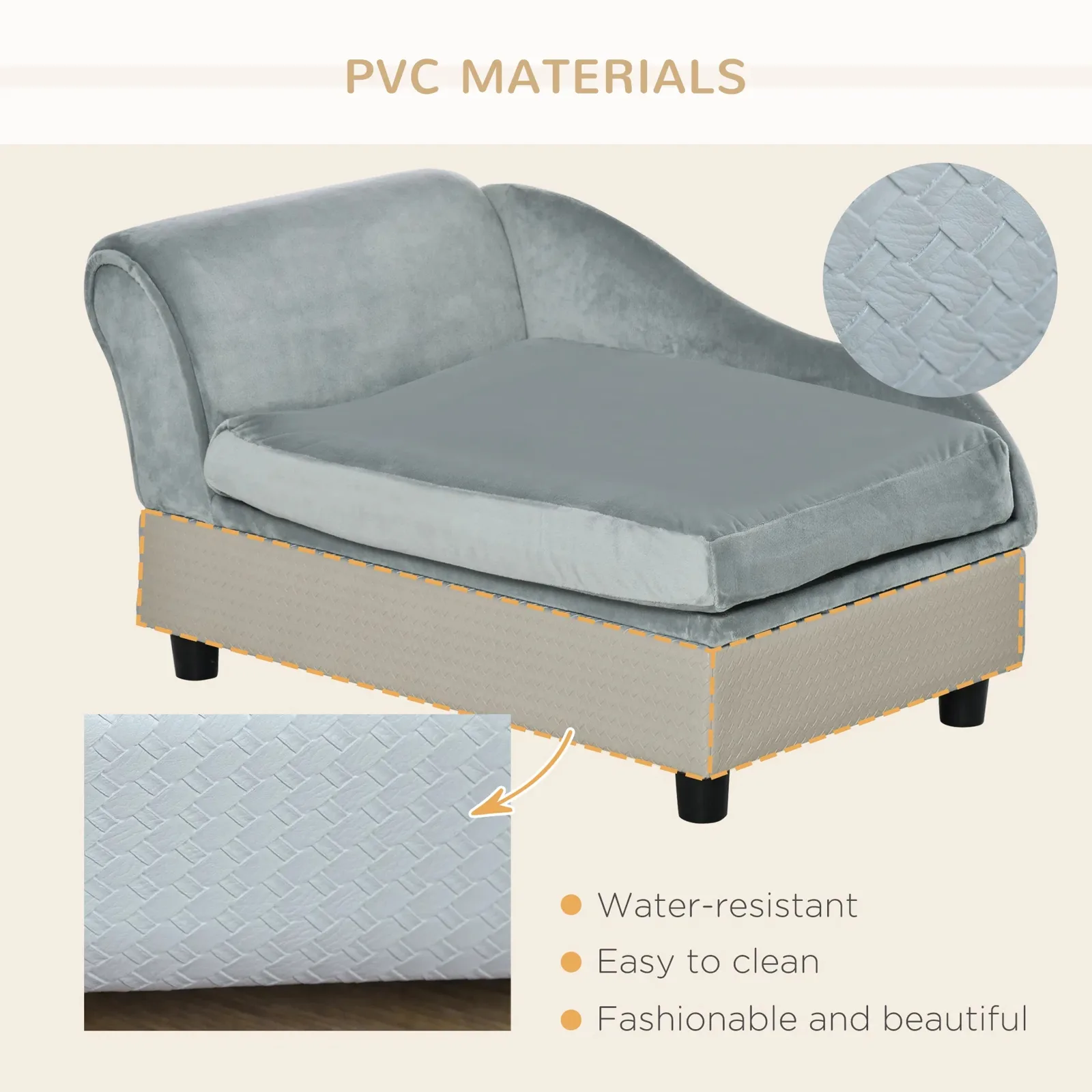 Velvet Dog Chaise Sofa With Hidden Storage 2 In Foam Couch Bed For Small Dogs Gray