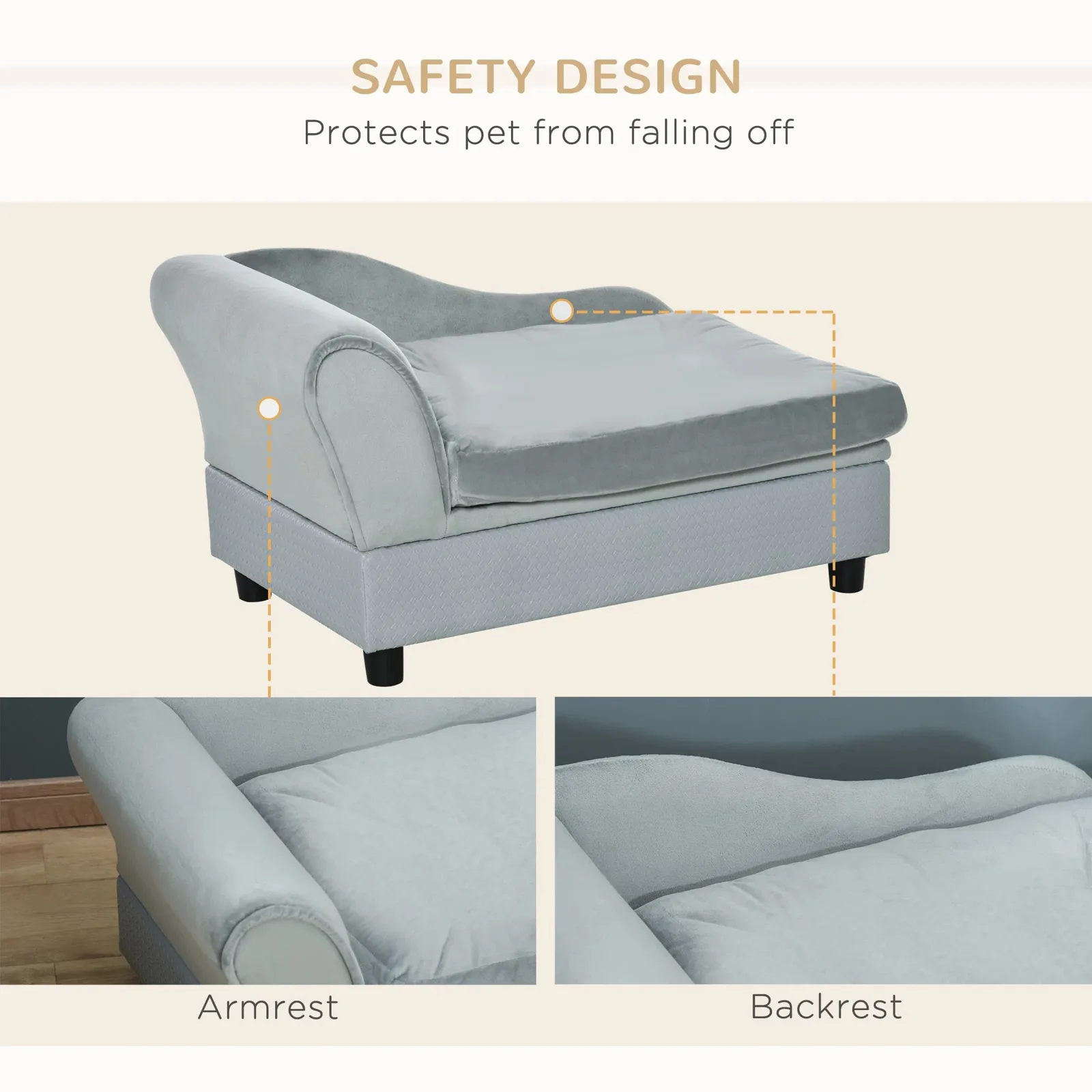 Velvet Dog Chaise Sofa With Hidden Storage 2 In Foam Couch Bed For Small Dogs Gray