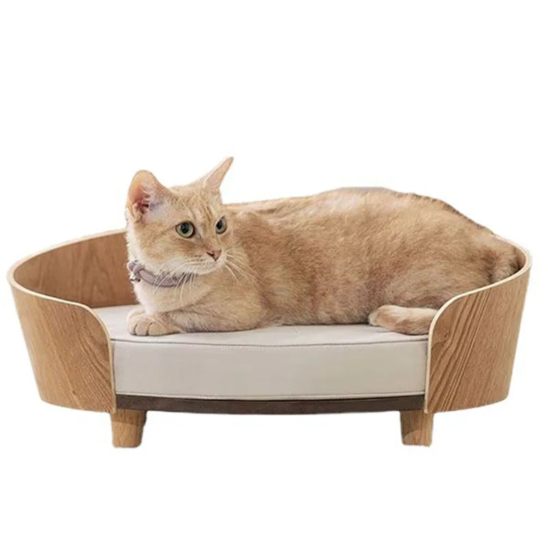 Wooden Pet Sofa Bed With Cushion Curved Wood Cat And Small Dog Lounger