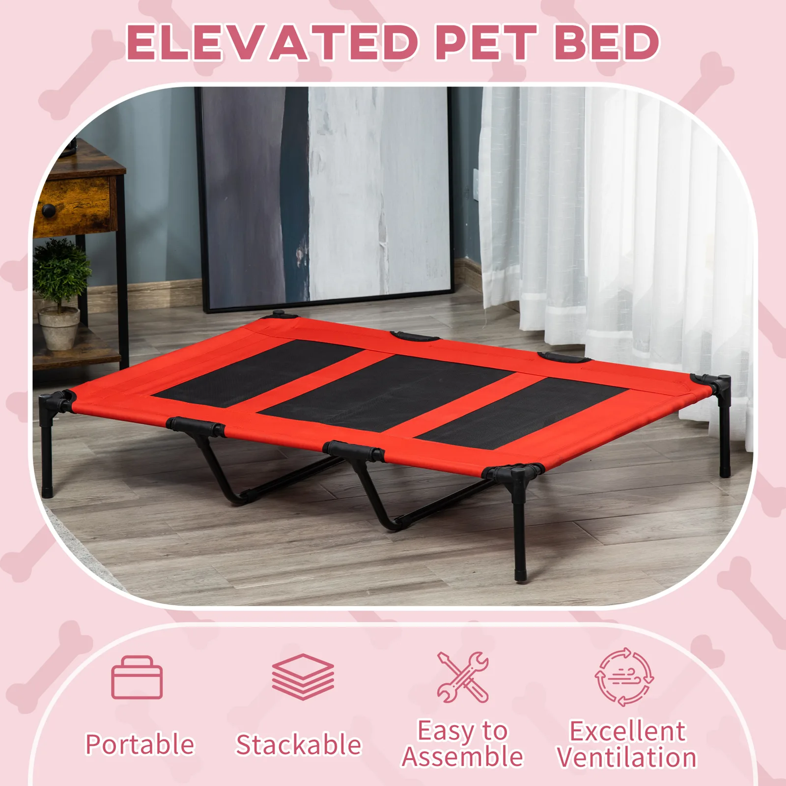 Xl Elevated Dog Bed With Carry Bag Raised Metal Frame Pet Cot With Breathable Mesh Red