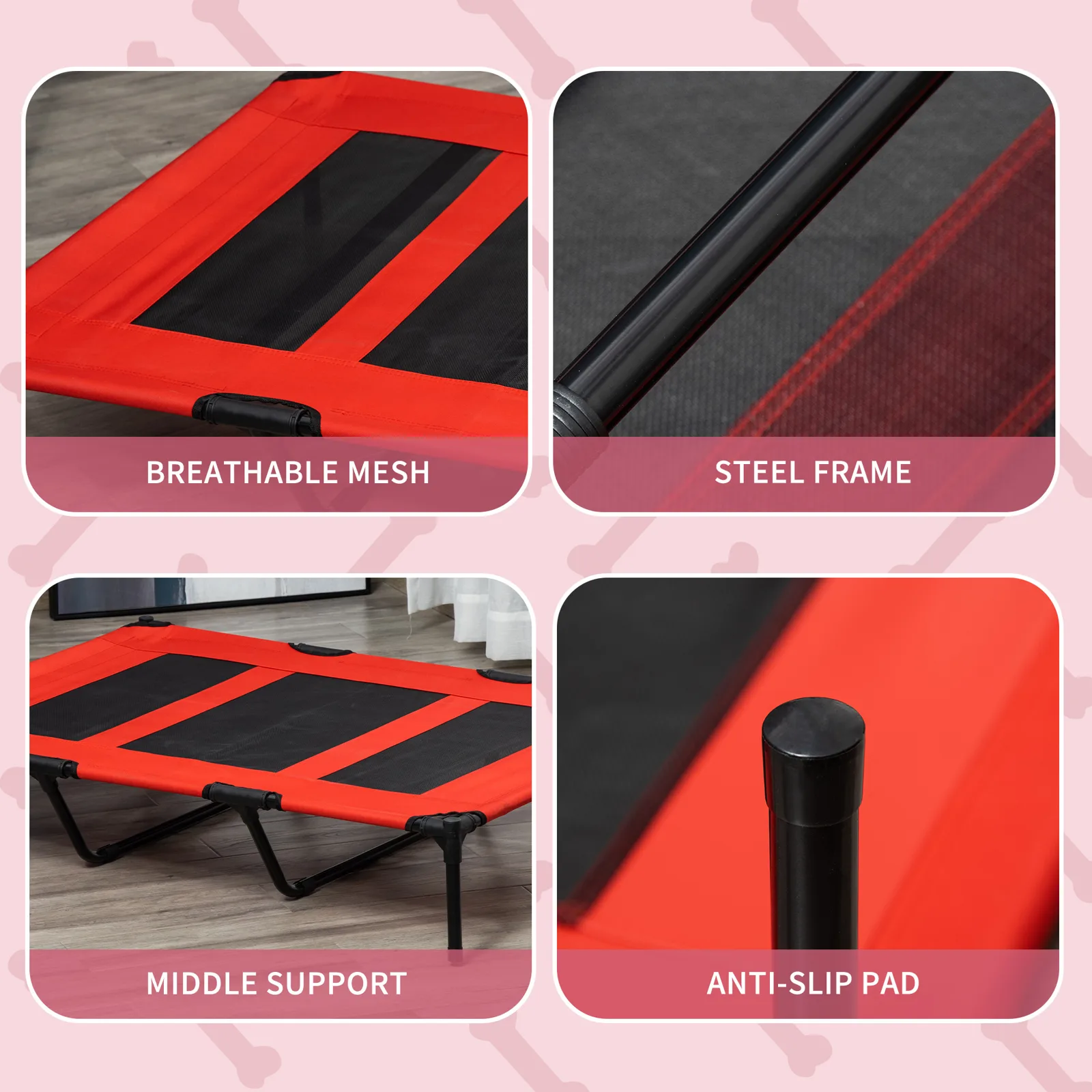 Xl Elevated Dog Bed With Carry Bag Raised Metal Frame Pet Cot With Breathable Mesh Red
